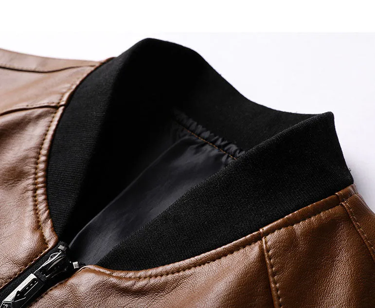 Solid Color Zip-up Faux Leather Jacket for Men with Elastic Band Cuff