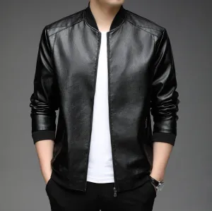 Solid Color Zip-up Faux Leather Jacket for Men with Elastic Band Cuff