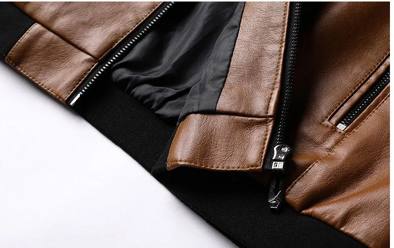 Solid Color Zip-up Faux Leather Jacket for Men with Elastic Band Cuff