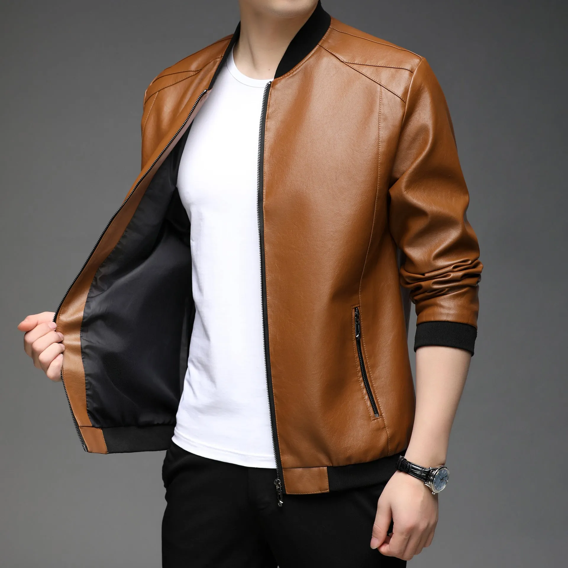 Solid Color Zip-up Faux Leather Jacket for Men with Elastic Band Cuff