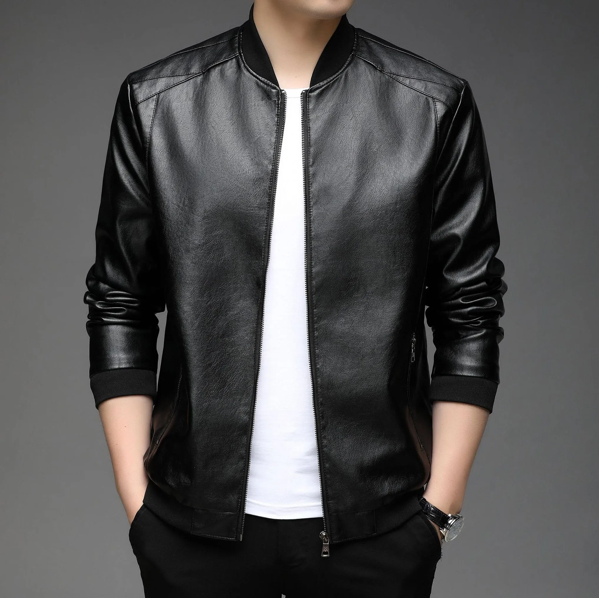 Solid Color Zip-up Faux Leather Jacket for Men with Elastic Band Cuff