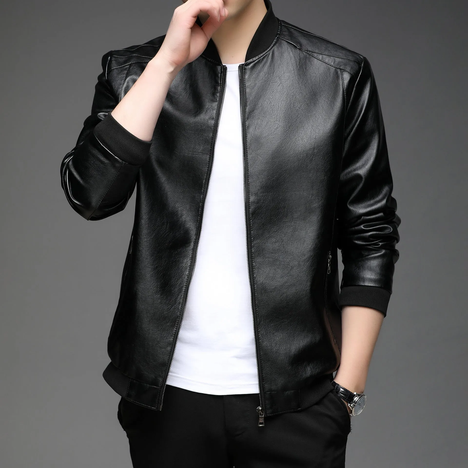 Solid Color Zip-up Faux Leather Jacket for Men with Elastic Band Cuff