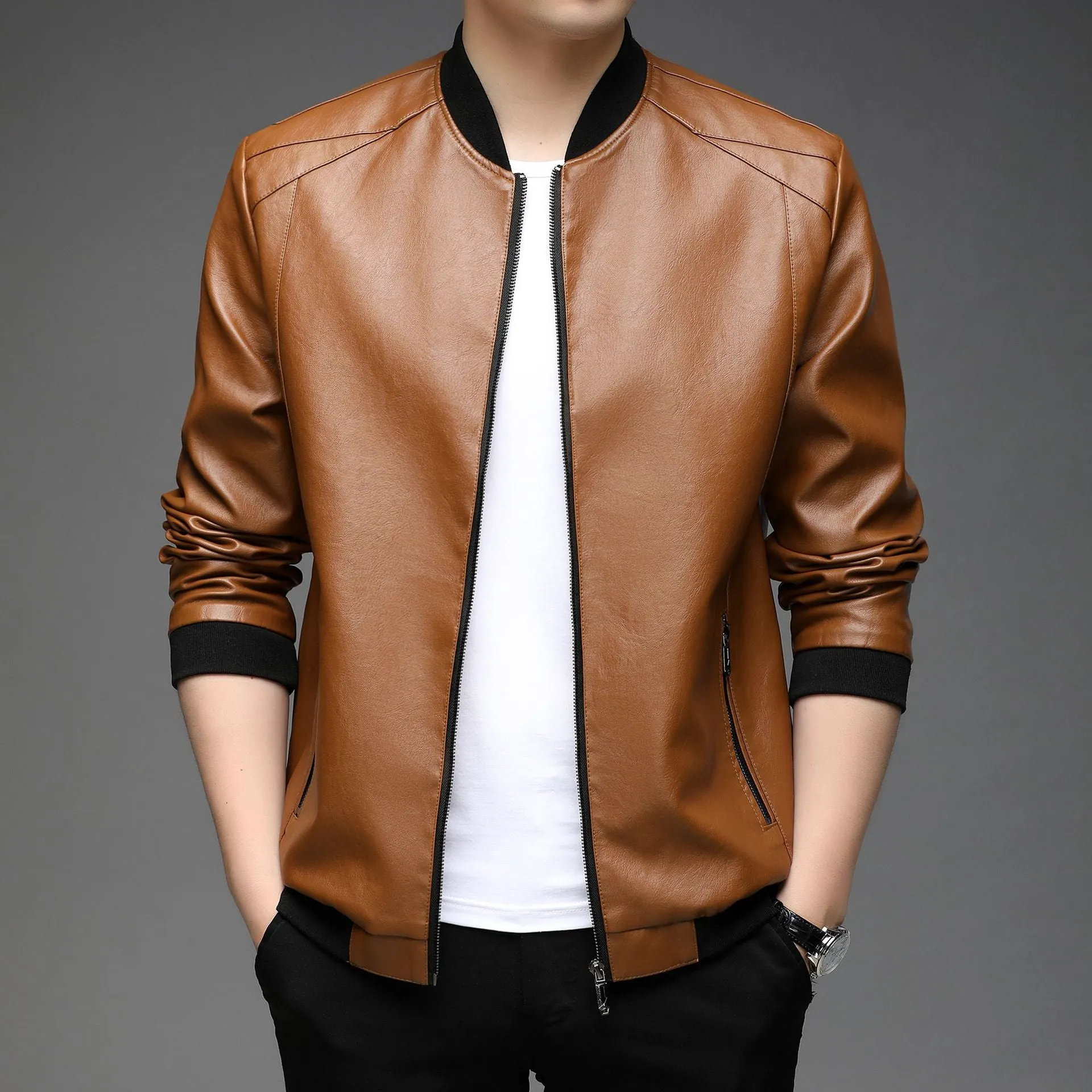 Solid Color Zip-up Faux Leather Jacket for Men with Elastic Band Cuff