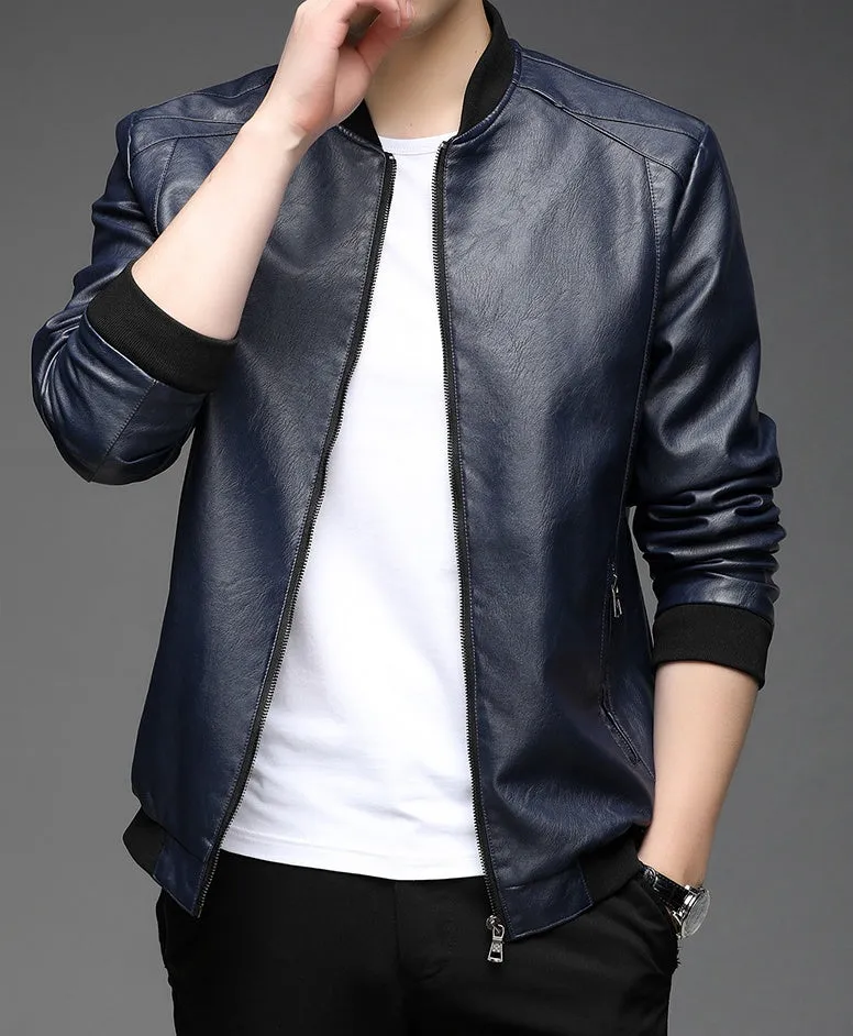 Solid Color Zip-up Faux Leather Jacket for Men with Elastic Band Cuff