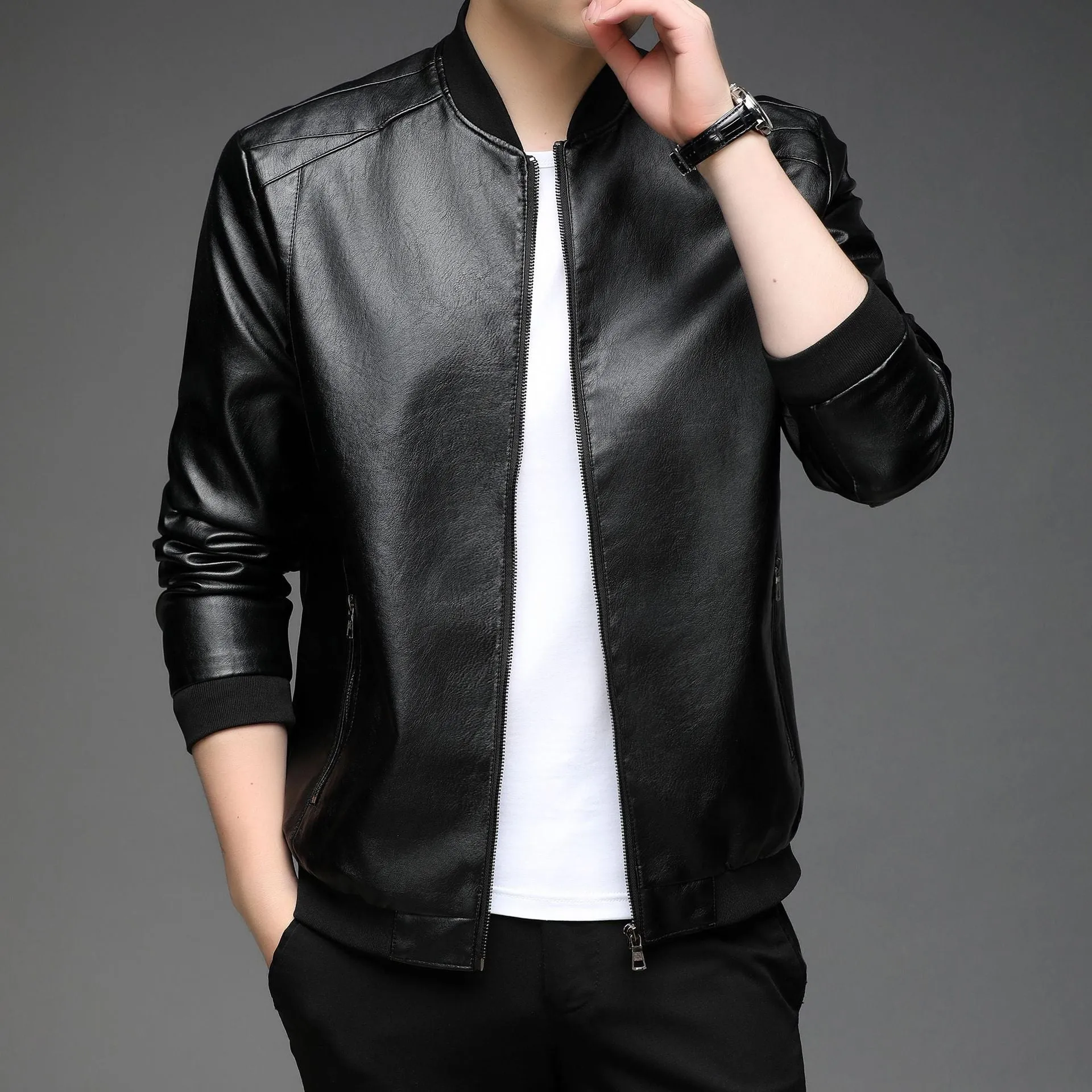 Solid Color Zip-up Faux Leather Jacket for Men with Elastic Band Cuff