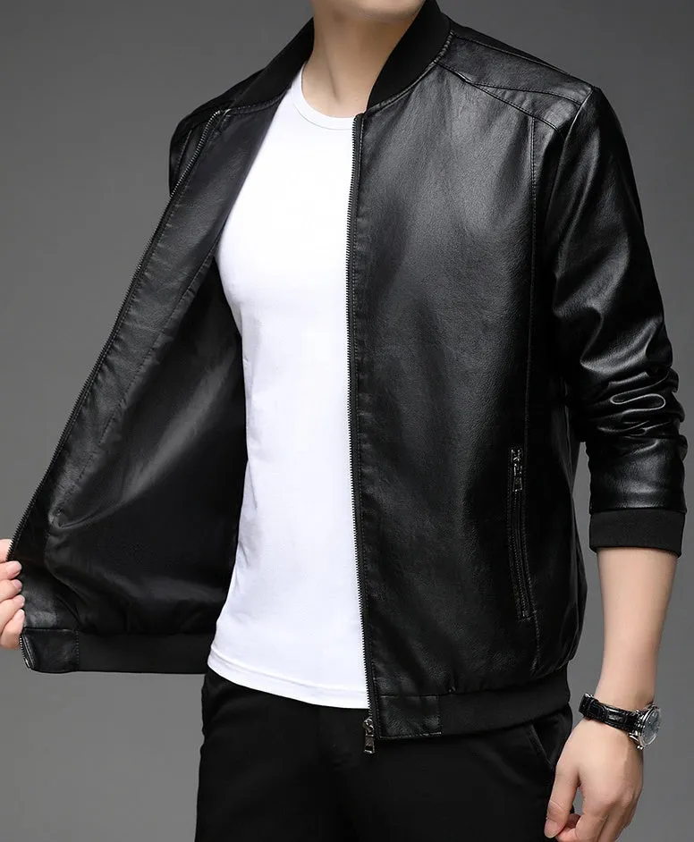 Solid Color Zip-up Faux Leather Jacket for Men with Elastic Band Cuff