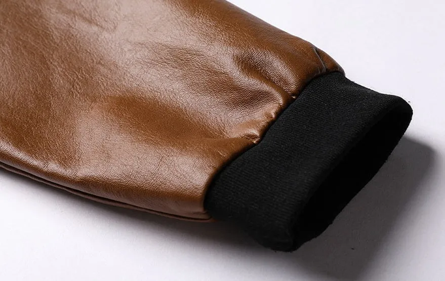 Solid Color Zip-up Faux Leather Jacket for Men with Elastic Band Cuff