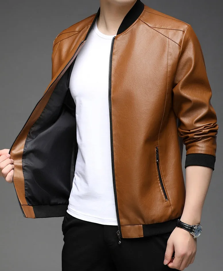 Solid Color Zip-up Faux Leather Jacket for Men with Elastic Band Cuff