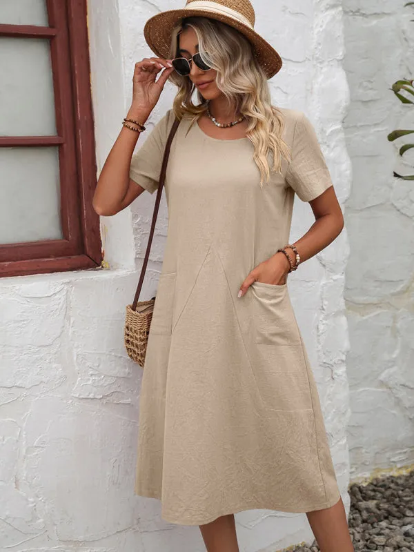 Solid Knit Casual Dress with Pockets Knee-Length