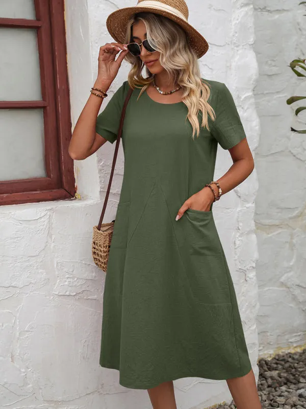 Solid Knit Casual Dress with Pockets Knee-Length