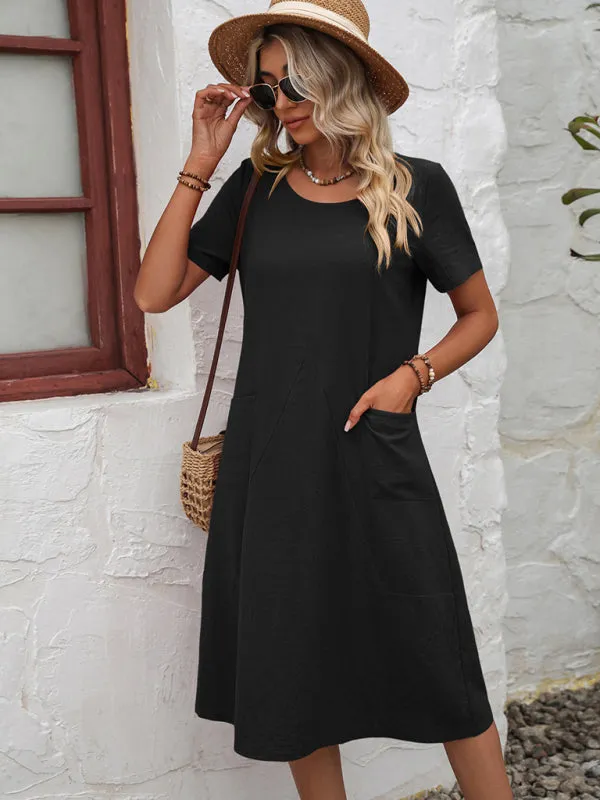Solid Knit Casual Dress with Pockets Knee-Length