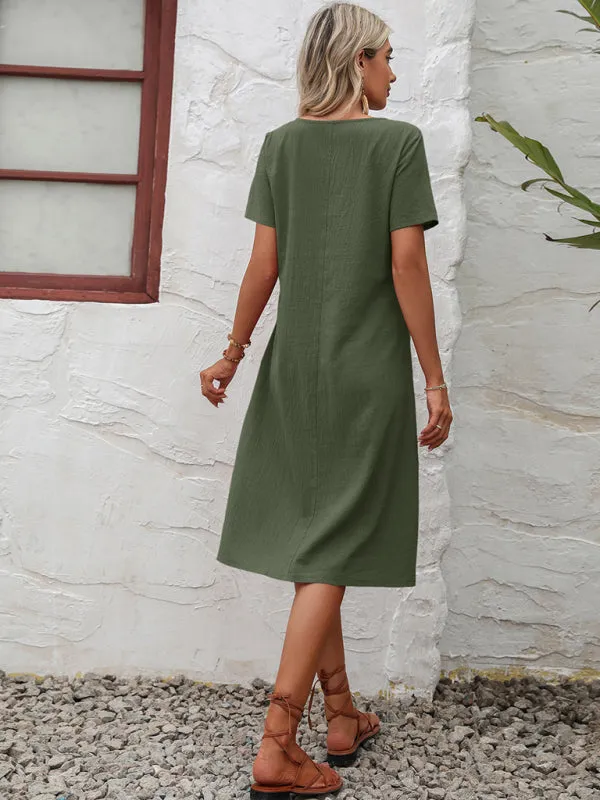 Solid Knit Casual Dress with Pockets Knee-Length