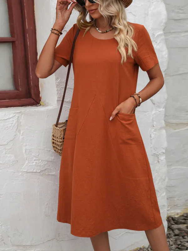Solid Knit Casual Dress with Pockets Knee-Length