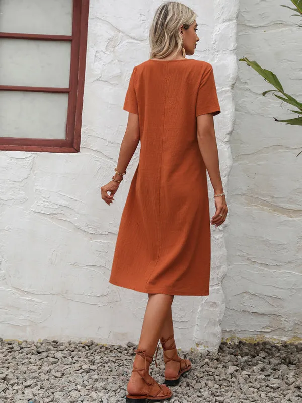 Solid Knit Casual Dress with Pockets Knee-Length