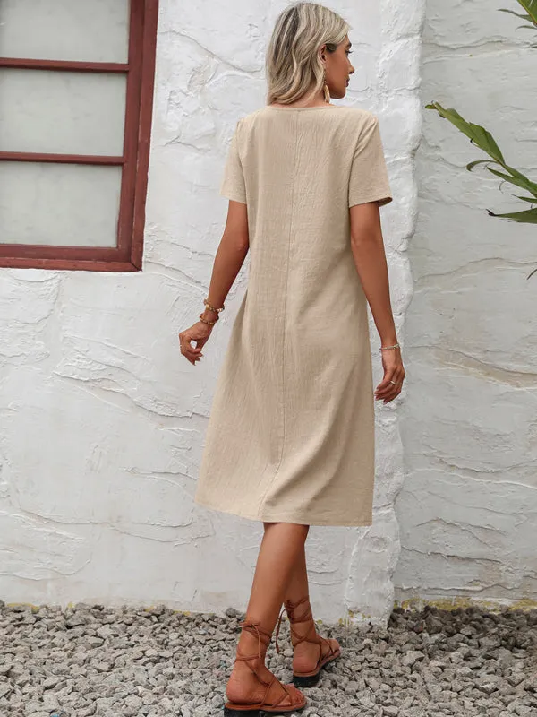 Solid Knit Casual Dress with Pockets Knee-Length