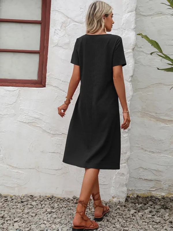 Solid Knit Casual Dress with Pockets Knee-Length