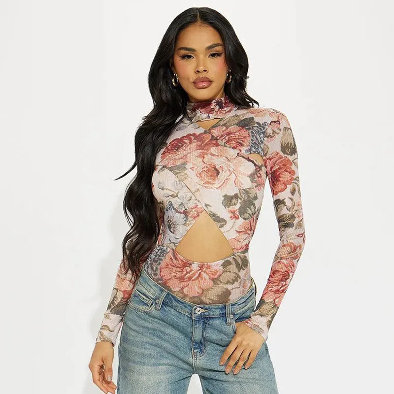 Sophisticated Hollow Print Long Sleeve Slim Bodysuit for Winter Elegance