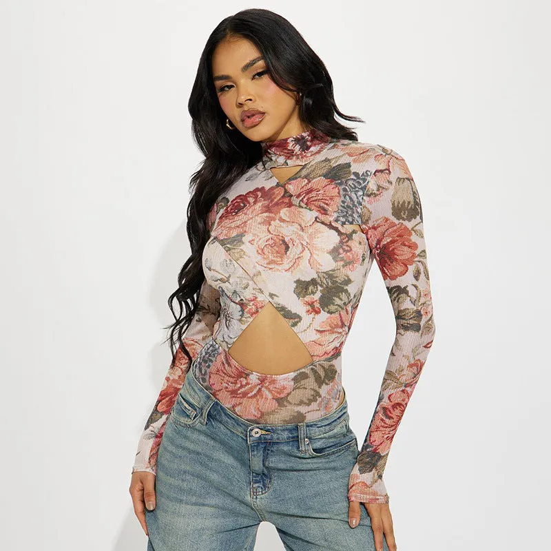 Sophisticated Hollow Print Long Sleeve Slim Bodysuit for Winter Elegance