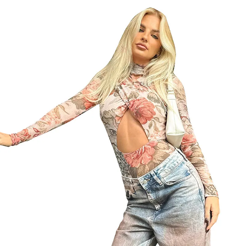 Sophisticated Hollow Print Long Sleeve Slim Bodysuit for Winter Elegance