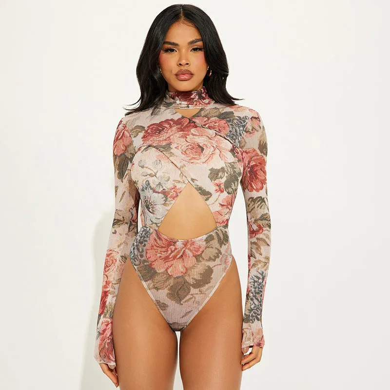 Sophisticated Hollow Print Long Sleeve Slim Bodysuit for Winter Elegance