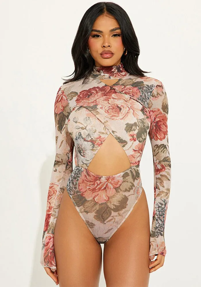Sophisticated Hollow Print Long Sleeve Slim Bodysuit for Winter Elegance