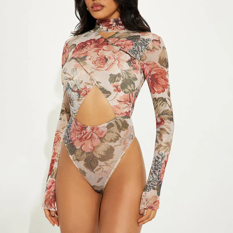 Sophisticated Hollow Print Long Sleeve Slim Bodysuit for Winter Elegance