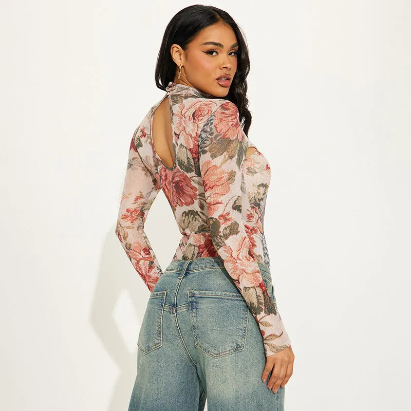 Sophisticated Hollow Print Long Sleeve Slim Bodysuit for Winter Elegance