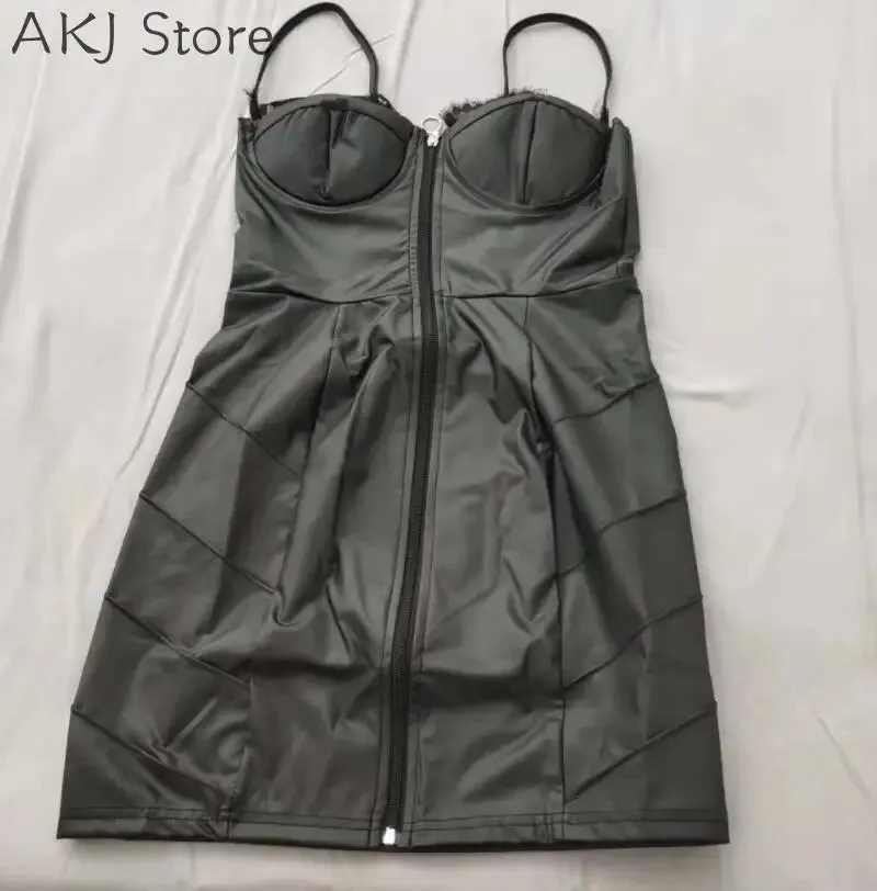 Strap V-Neck PU Leather Bodycon Dress - Slim Fit Mini Dress with Natural Waistline