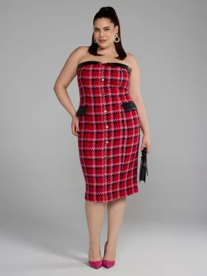Strapless Button-Front Tweed Dress