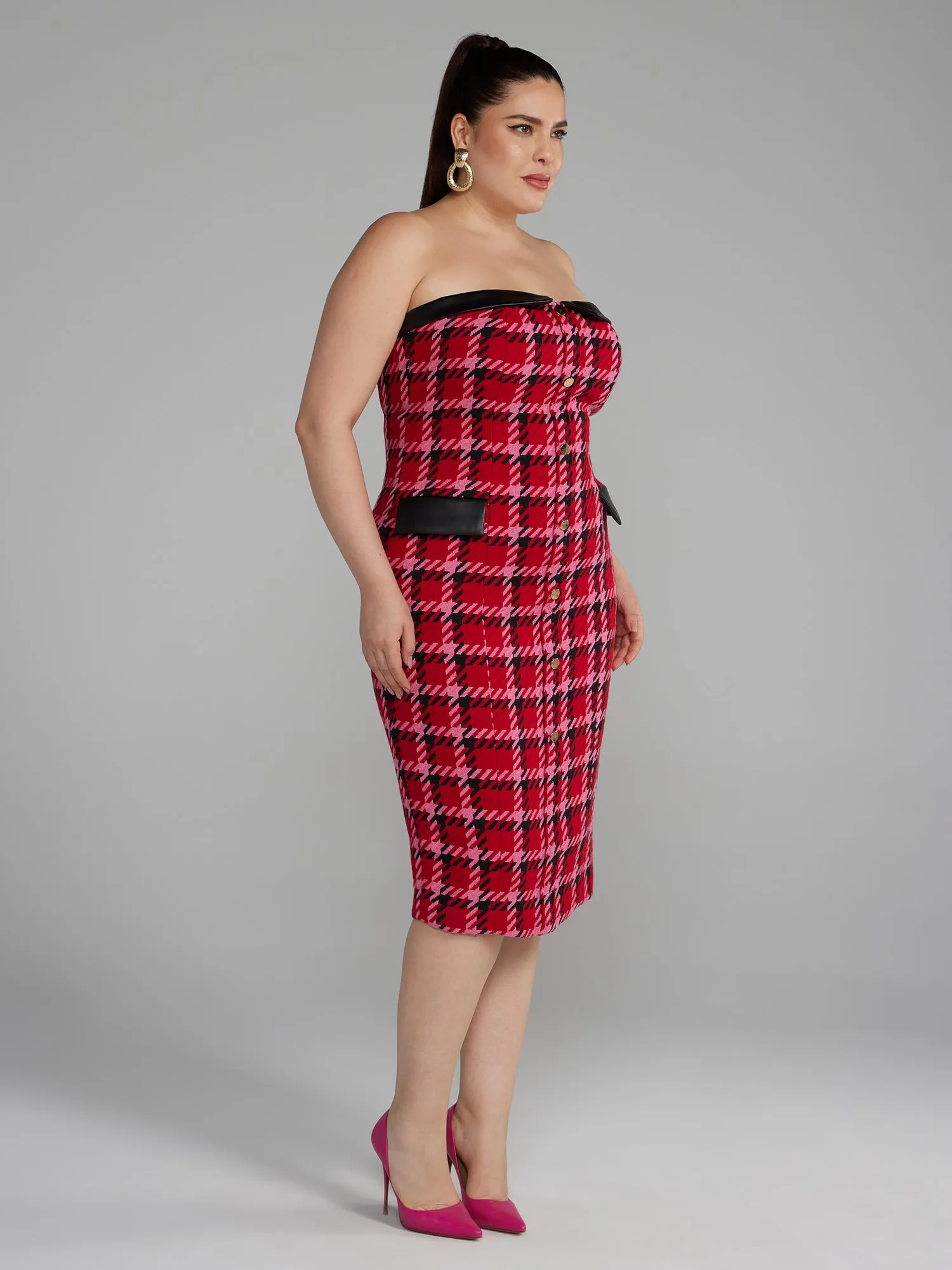 Strapless Button-Front Tweed Dress