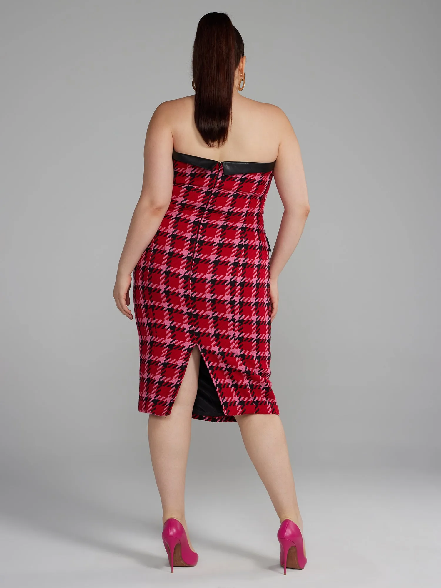 Strapless Button-Front Tweed Dress