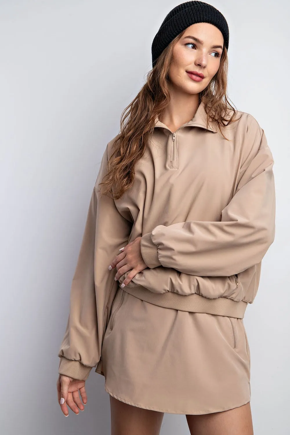 Stretch Woven & Inner Fleece Mock Neck Pullover | RAE MODE