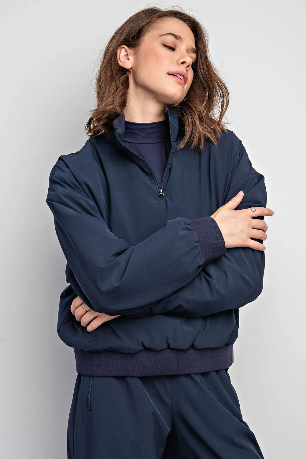 Stretch Woven & Inner Fleece Mock Neck Pullover | RAE MODE