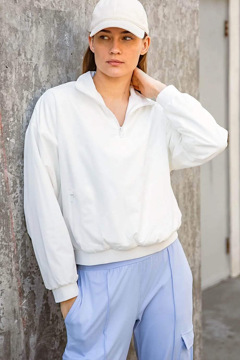 Stretch Woven & Inner Fleece Mock Neck Pullover | RAE MODE