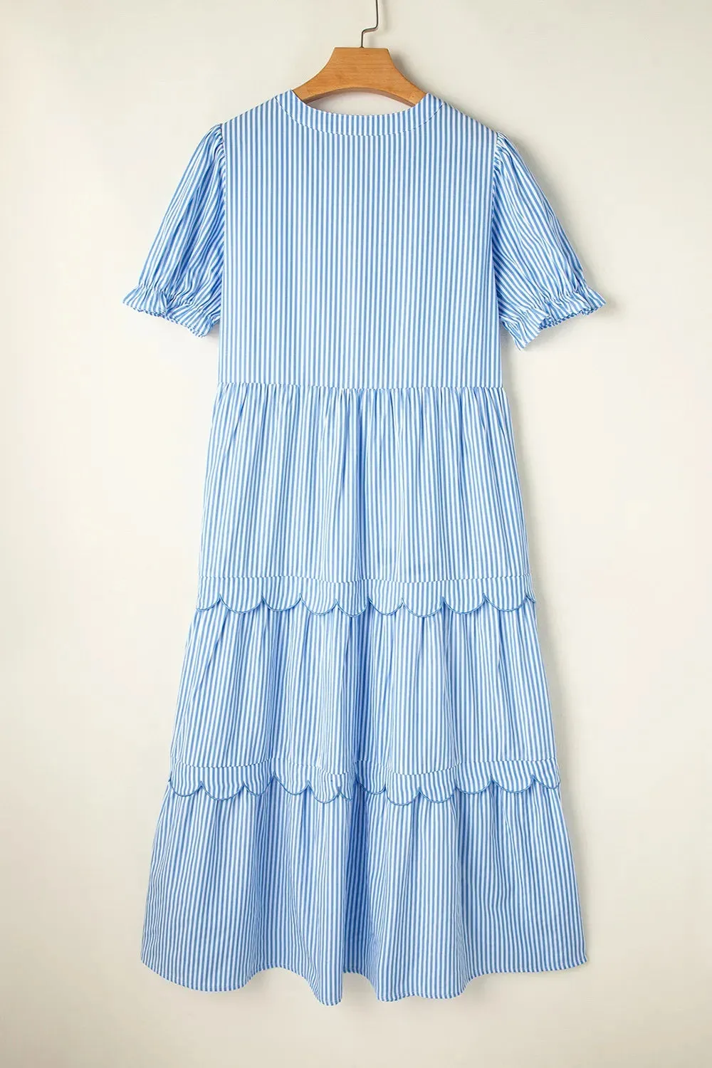 Stripe Bubble Short Sleeve Tiered Scallop Midi Dress