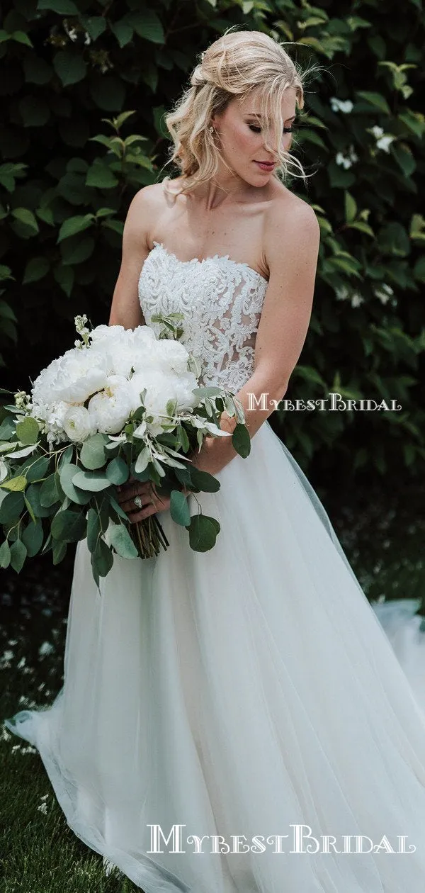 Sweetheart Charming Off-White Tulle A-line Long Cheap Wedding Dresses, WDS0005