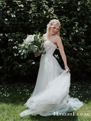 Sweetheart Charming Off-White Tulle A-line Long Cheap Wedding Dresses, WDS0005