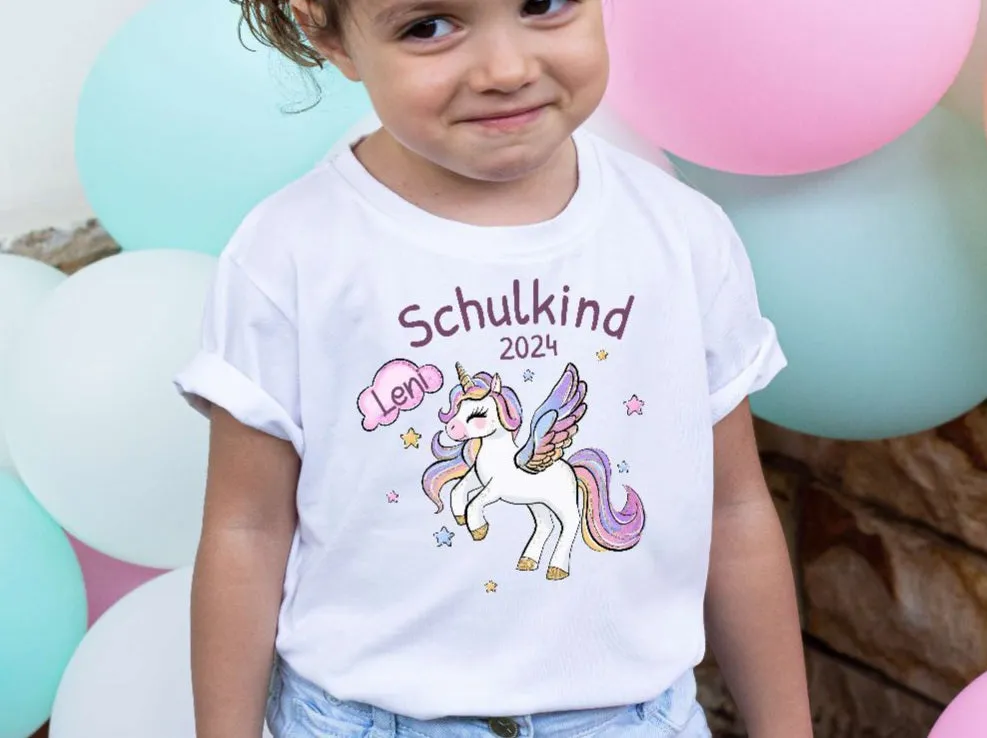 T-Shirt Schulkind Einhorn mit Name personalisiert Mädchen Einschulungsshirt Einschulung erste Klasse Geschenk