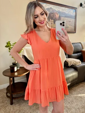 Tiered V Neck Dress With Flutter Sleeves In Tangerine