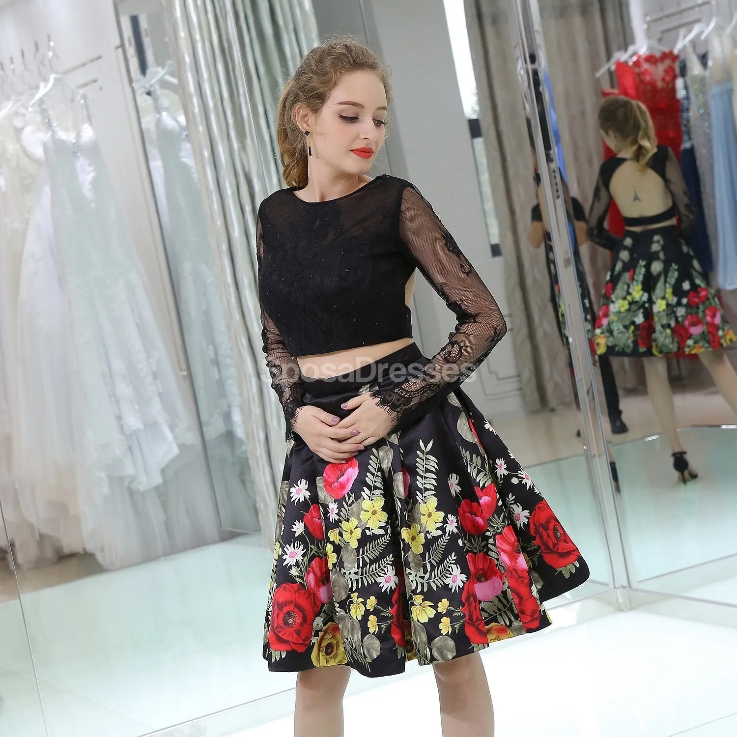 Two Pieces Long Sleeves Black Cheap Homecoming Dresses Online, Cheap Short Prom Dresses, CM806