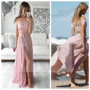 Two Pieces Off Shoulder Lace Top Sexy Side Slit Prom Dresses, Newest Prom Dresses