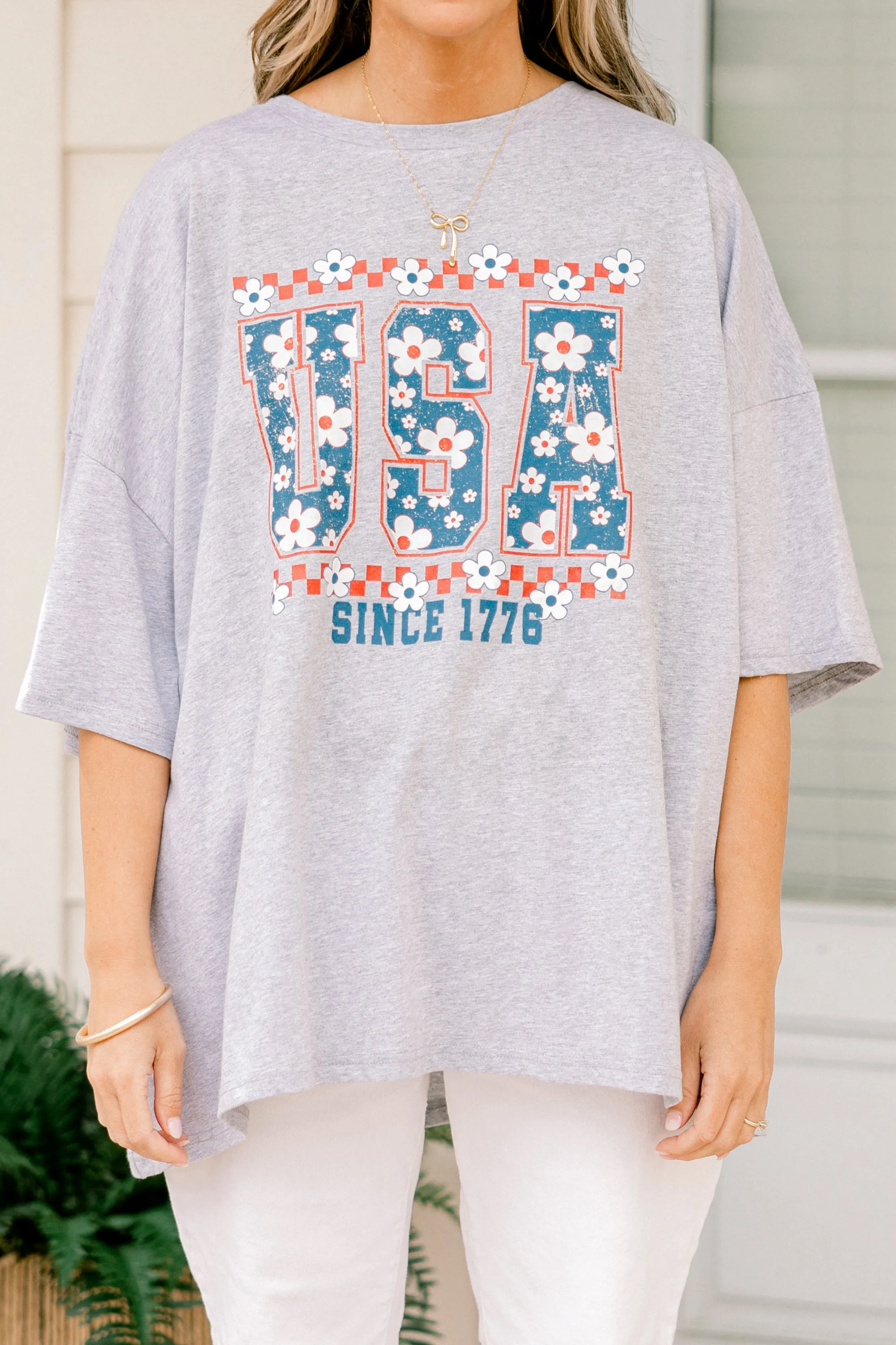 USA Girly Boyfriend Tee, Heather Gray