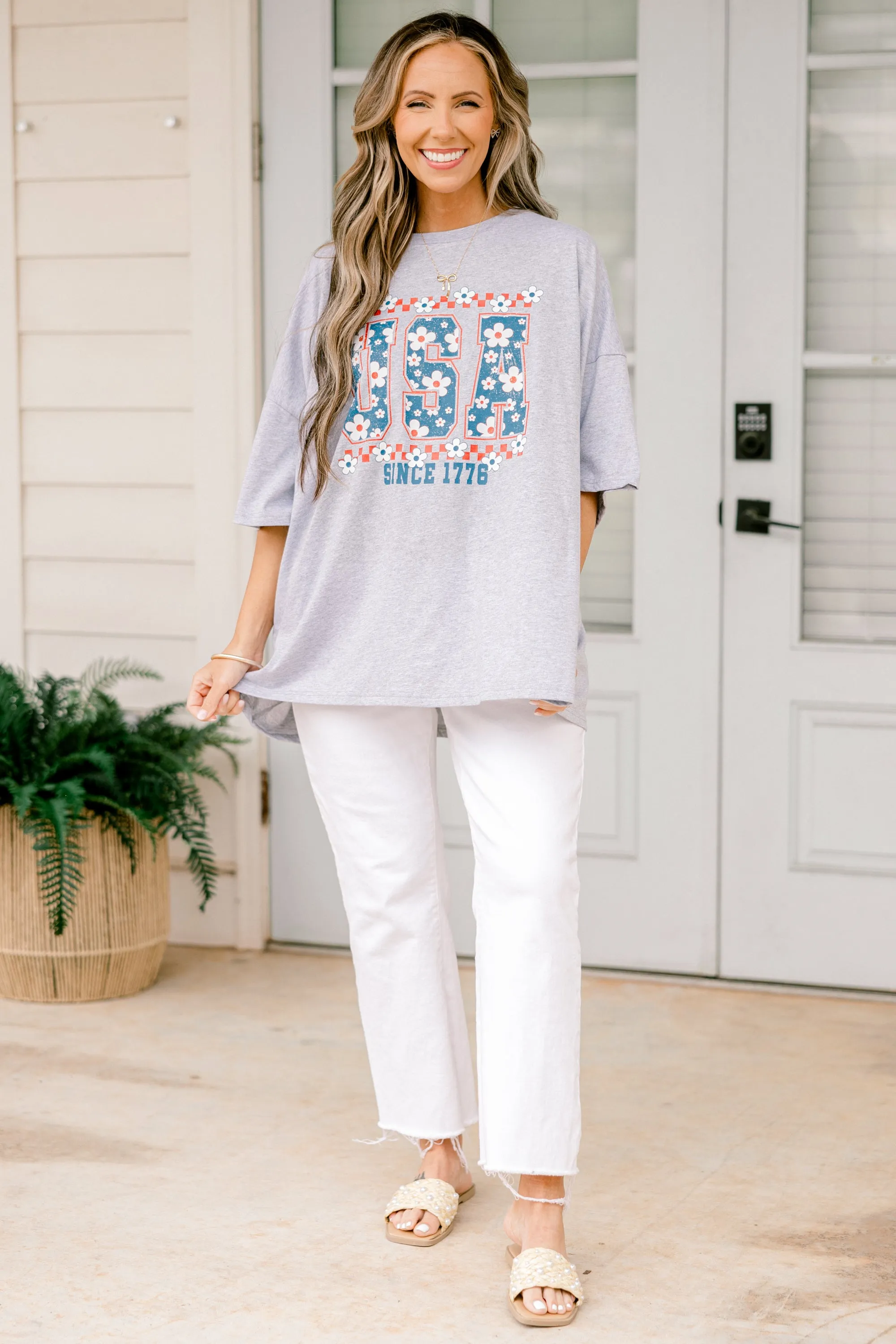 USA Girly Boyfriend Tee, Heather Gray