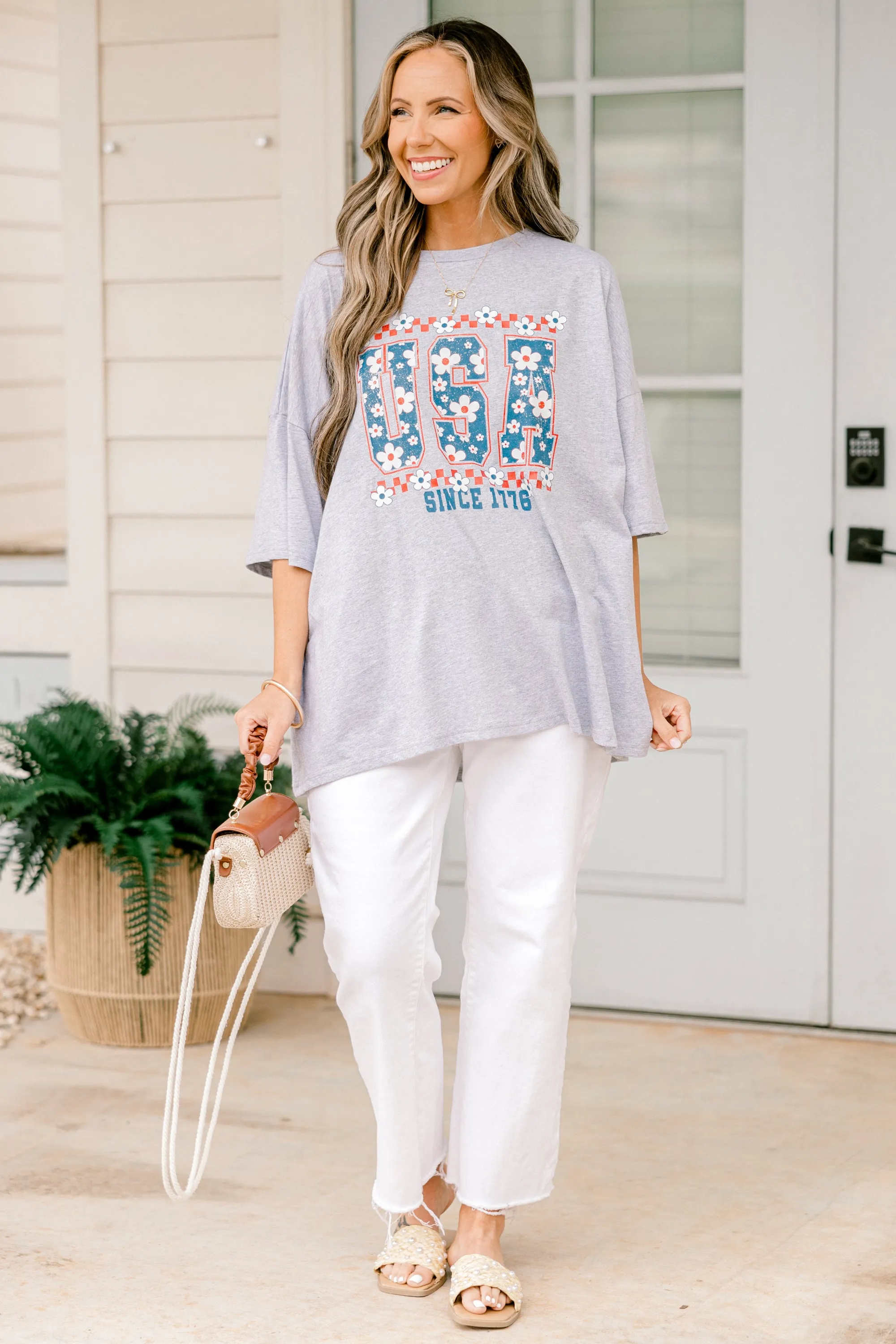 USA Girly Boyfriend Tee, Heather Gray