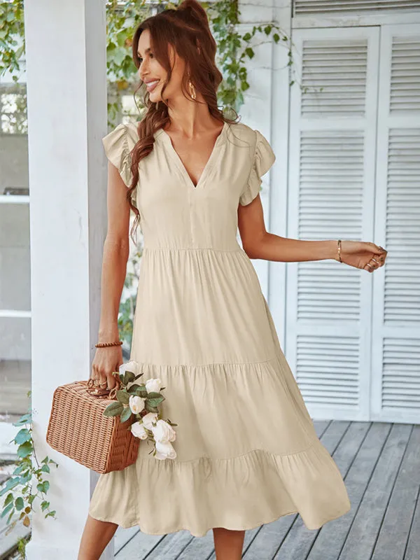 V-Neck Midi Dress with Flying Sleeves and Tiered Design