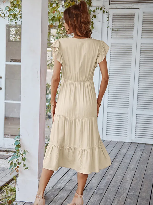 V-Neck Midi Dress with Flying Sleeves and Tiered Design