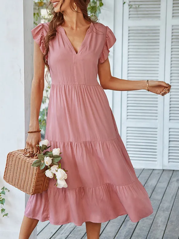 V-Neck Midi Dress with Flying Sleeves and Tiered Design