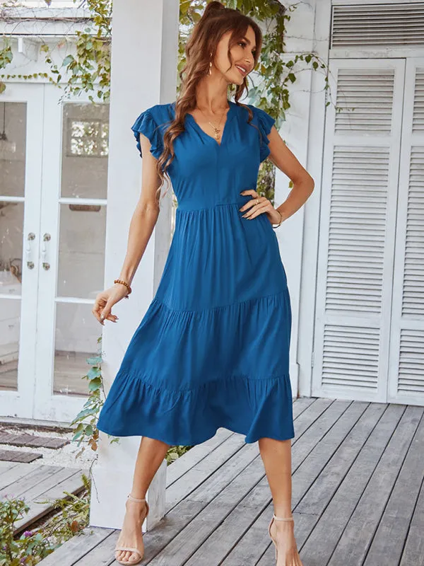 V-Neck Midi Dress with Flying Sleeves and Tiered Design