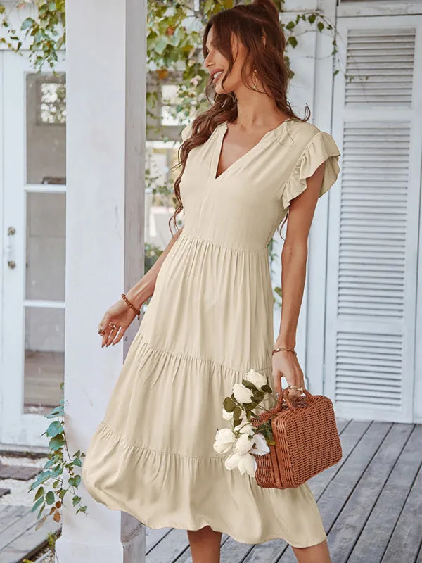 V-Neck Midi Dress with Flying Sleeves and Tiered Design