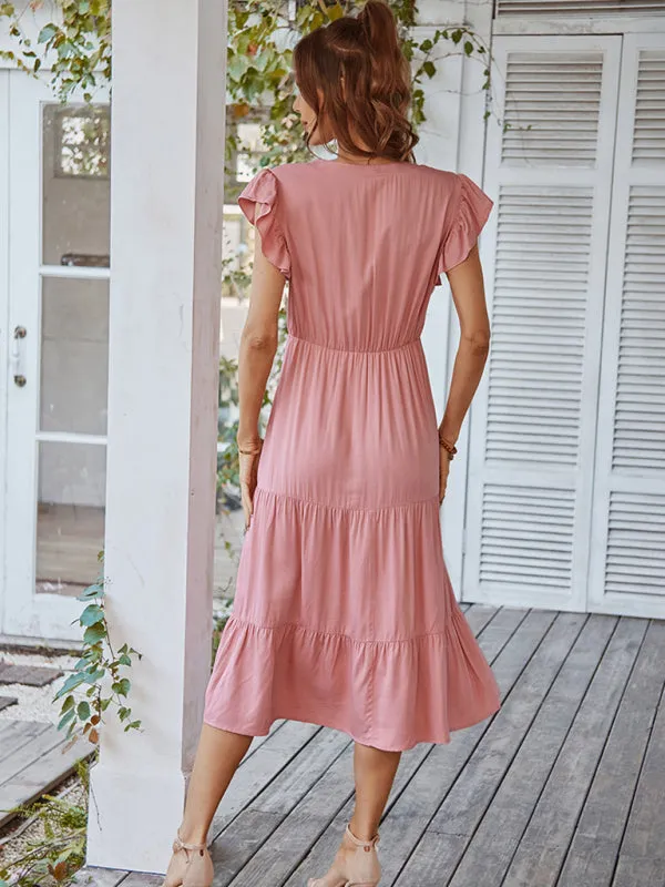 V-Neck Midi Dress with Flying Sleeves and Tiered Design